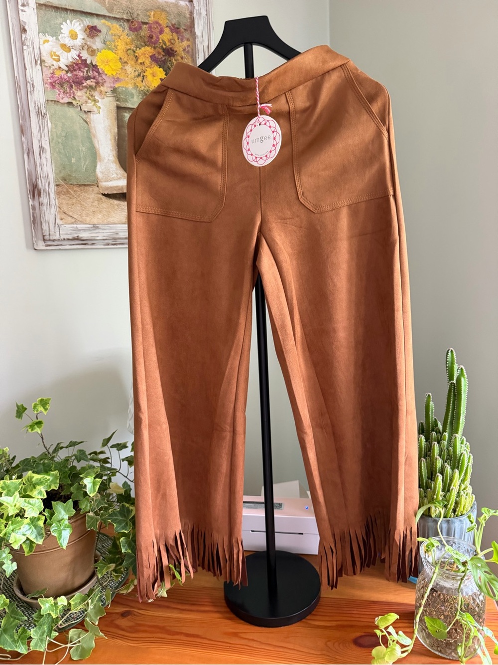 Umgee Wide-Leg Faux Suede Fringe Hem Pants - Rust Brown